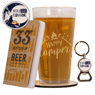 Gift Set for Camper with Beer Testing Book, Classic Beer Pint and Round Coaster with Bottle Opener set buy at ThingsEngraved Canada