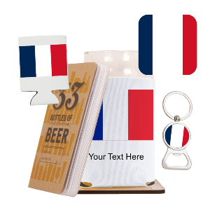 Go France Go Beer Glass with Cozy, Square Coaster and Key Chain Bottle Opener buy at ThingsEngraved Canada