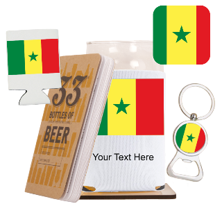 Go Senegal Go Beer Glass with Cozy, Square Coaster and Key Chain Bottle Opener buy at ThingsEngraved Canada