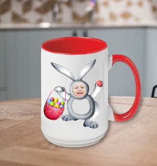 Grey Bunny Custom Photo Ceramic Mug 15 oz Red Handle