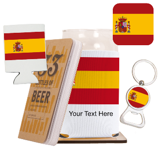 Go Spain Go Beer Glass with Cozy, Square Coaster and Key Chain Bottle Opener