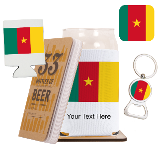 Go Cameroon Go Beer Glass with Cozy, Square Coaster and Key Chain Bottle Opener buy at ThingsEngraved Canada