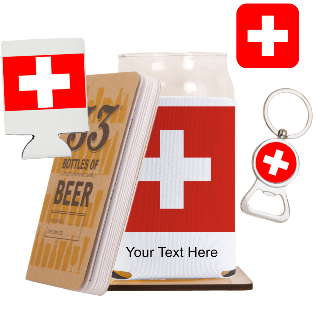 Go Switzerland Go Beer Glass with Cozy, Square Coaster and Key Chain Bottle Opener