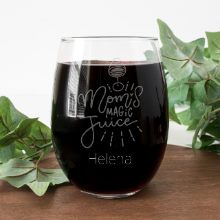 Mom's Magic Juice Stemless Wine Glass buy at ThingsEngraved Canada