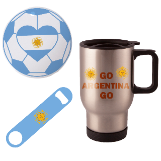 Go Argentina Go Travel Mug with Ornament and Bottle Opener buy at ThingsEngraved Canada
