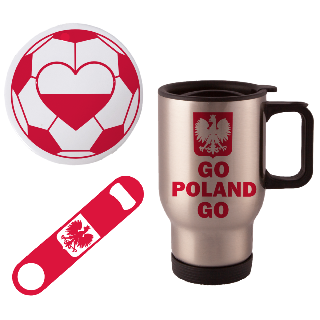 Go Poland Go Travel Mug with Ornament and Bottle Opener buy at ThingsEngraved Canada