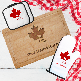 Proud to be Canadian Bamboo Cutting Board, Oven Mitt and Pot Holder Set. buy at ThingsEngraved Canada