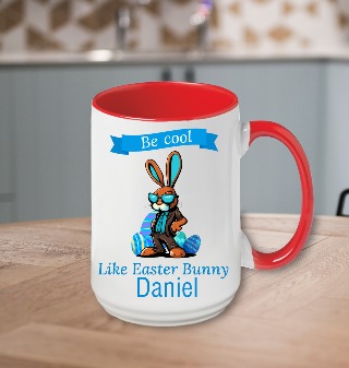 Be Cool Like Easter Bunny Custom Name Ceramic Mug 15 oz Red Handle