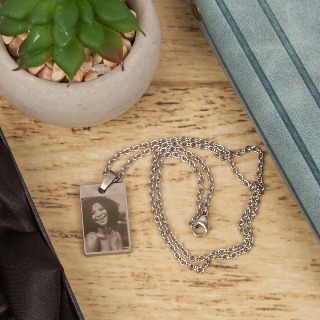 Photo Engraving Small Rectangular Pendant on Chain buy at ThingsEngraved Canada