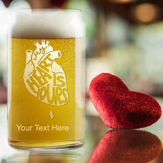 Anniversary Glass Beer Can 16oz with Custom White Engraving Anatomical Heart