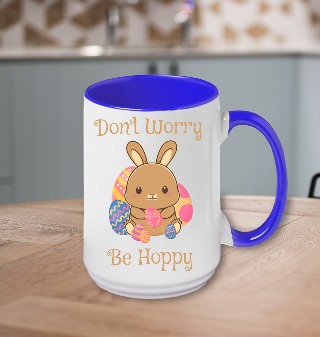 Don't Worry, Be Hoppy Ceramic Mug 15 oz Cobalt Handle