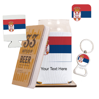 Go Serbia Go Beer Glass with Cozy, Square Coaster and Key Chain Bottle Opener