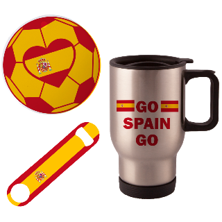 Go Spain Go Travel Mug with Ornament and Bottle Opener buy at ThingsEngraved Canada