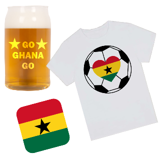 Go Ghana Go  T Shirt, Beer Glass, and Square Coaster Set buy at ThingsEngraved Canada