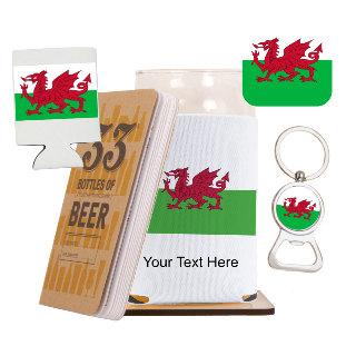 Go Wales Go Beer Glass with Cozy, Square Coaster and Key Chain Bottle Opener buy at ThingsEngraved Canada