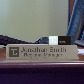 Custom Faux Leather Nameplate with Business Card Slot - Gray buy at ThingsEngraved Canada