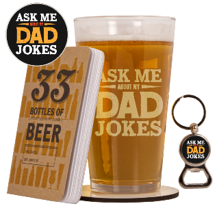 Dad Jokes Gift Set Beer Testing Book, Classic Beer Pint and Round Coaster with Bottle Opener set buy at ThingsEngraved Canada