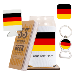 Go Germany Go Beer Glass with Cozy, Square Coaster and Key Chain Bottle Opener