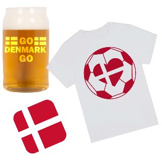 Go Denmark Go T Shirt, Beer Glass, and Square Coaster Set