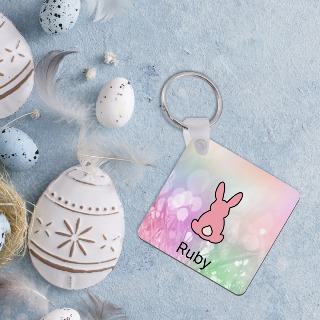 Custom Square Keychain with one Bunny - Pink